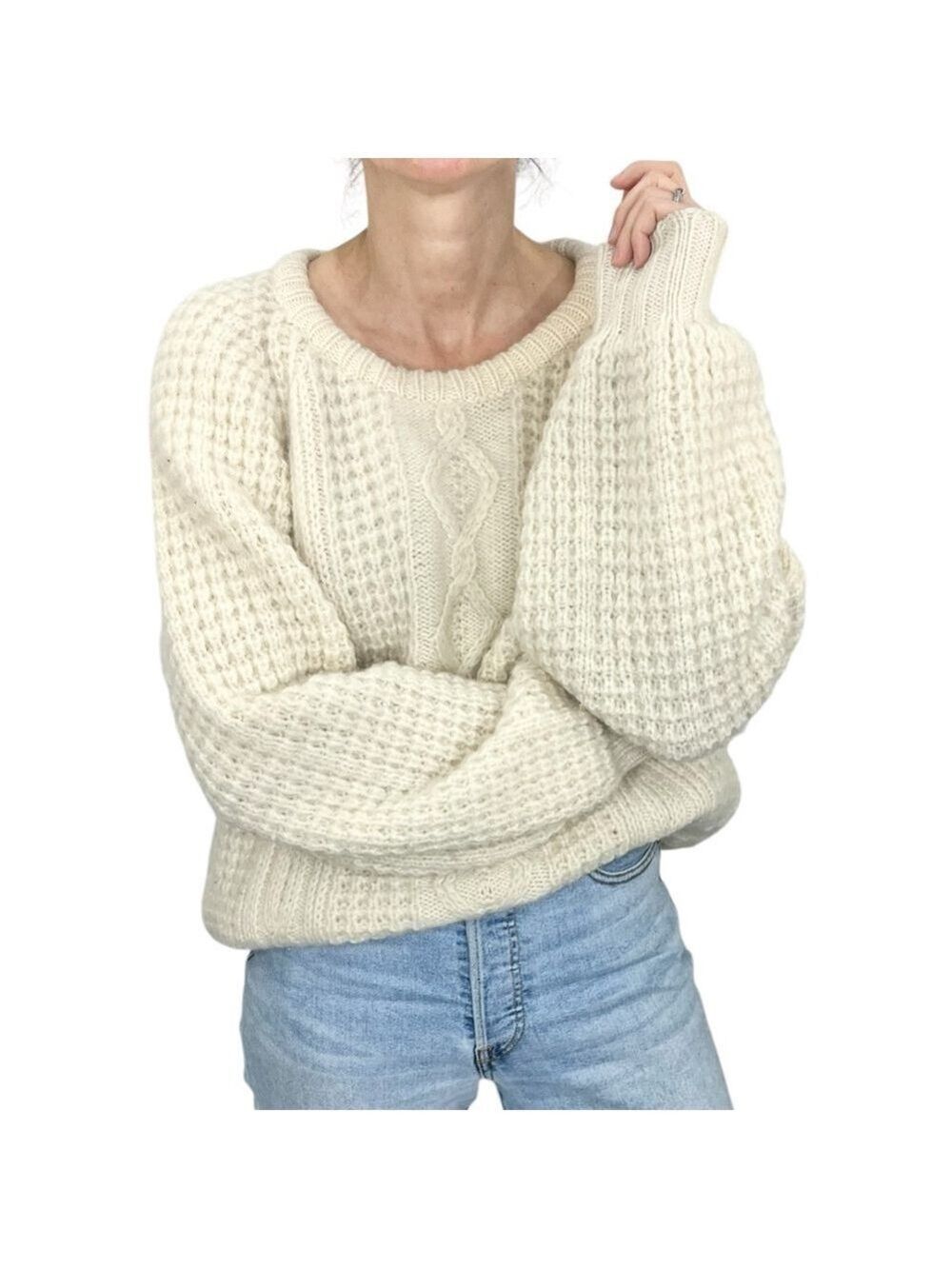 Vintage Blarney Wollen Mills Ireland hand loomed 100% wool cream aran sweater 38
